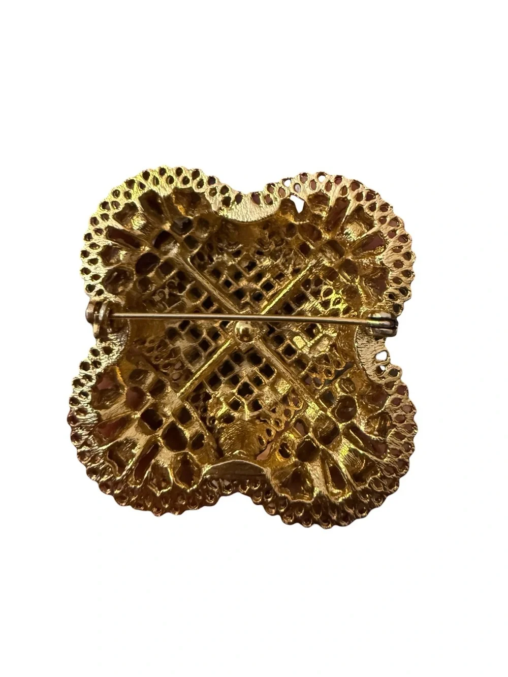 Vintage Green & Orange Rhinestone Filigree Brooch